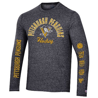 Men's Champion Heather Black Pittsburgh Penguins Multi-Logo Tri-Blend Long Sleeve T-Shirt