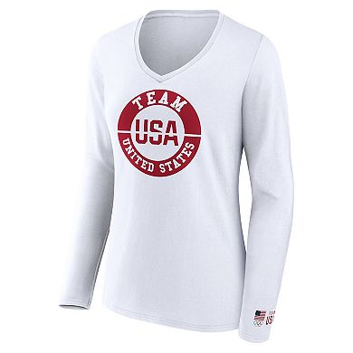 Women's Fanatics Branded White Team USA Unity Emblem Long Sleeve V-Neck T-Shirt
