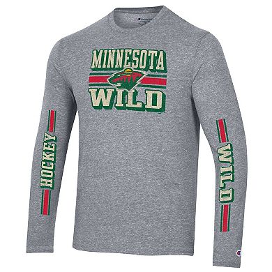 Men's Champion Heather Gray Minnesota Wild Tri-Blend Dual-Stripe Long Sleeve T-Shirt