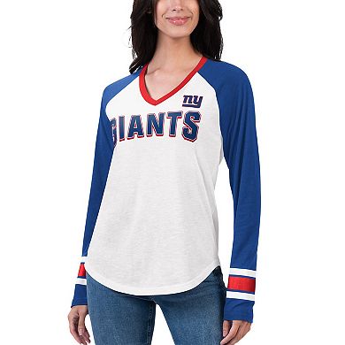 Women's G-III 4Her by Carl Banks White/Royal New York Giants Top Team Raglan V-Neck Long Sleeve T-Shirt