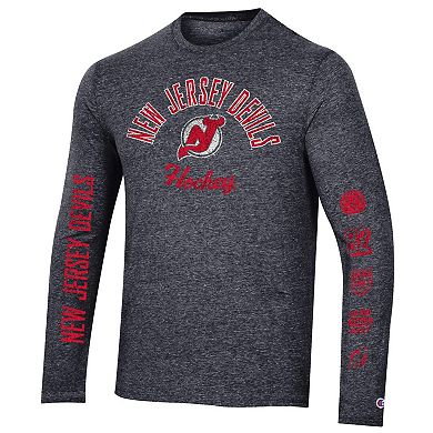 Men's Champion Heather Black New Jersey Devils Multi-Logo Tri-Blend Long Sleeve T-Shirt