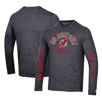 Men's Champion Heather Black New Jersey Devils Multi-Logo Tri-Blend Long Sleeve T-Shirt