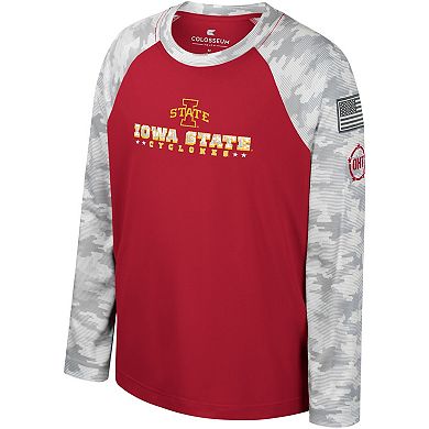 Youth Colosseum Cardinal/Camo Iowa State Cyclones OHT Military Appreciation Dark Star Raglan Long Sleeve T-Shirt