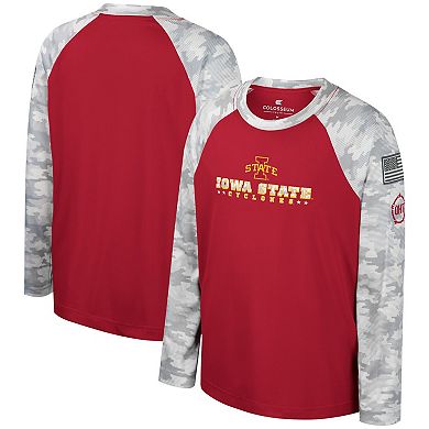 Youth Colosseum Cardinal/Camo Iowa State Cyclones OHT Military Appreciation Dark Star Raglan Long Sleeve T-Shirt