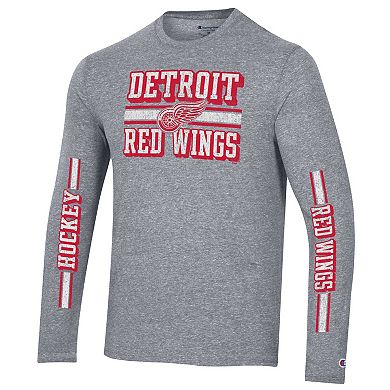 Men's Champion Heather Gray Detroit Red Wings Tri-Blend Dual-Stripe Long Sleeve T-Shirt