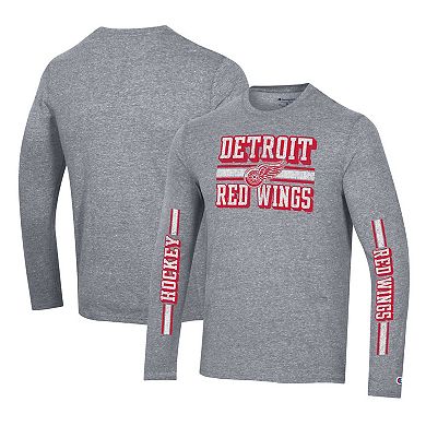 Men's Champion Heather Gray Detroit Red Wings Tri-Blend Dual-Stripe Long Sleeve T-Shirt