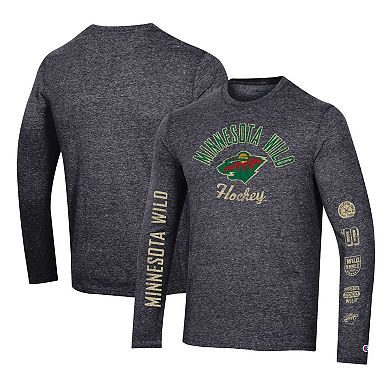 Men's Champion Heather Black Minnesota Wild Multi-Logo Tri-Blend Long Sleeve T-Shirt