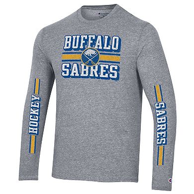 Men's Champion Heather Gray Buffalo Sabres Tri-Blend Dual-Stripe Long Sleeve T-Shirt