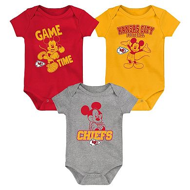 Newborn & Infant Red/Gold/Gray Kansas City Chiefs Three-Piece Disney Game Time Bodysuit Set