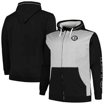 Men's Fanatics Branded Black/Heather Gray Brooklyn Nets Big & Tall Contrast Pieced Stitched Full-Zip Hoodie