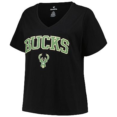 Women's Profile Black Milwaukee Bucks Plus Size Arch Over Logo V-Neck T-Shirt