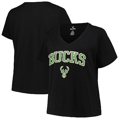 Women's Profile Black Milwaukee Bucks Plus Size Arch Over Logo V-Neck T-Shirt