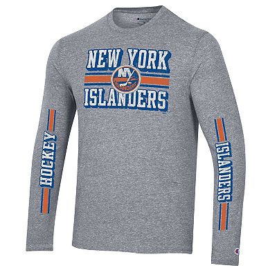 Men's Champion Heather Gray New York Islanders Tri-Blend Dual-Stripe Long Sleeve T-Shirt