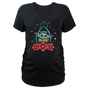 Maternity The Mandalorian Grogu Red Flowers Portrait V-Neck Graphic Tee