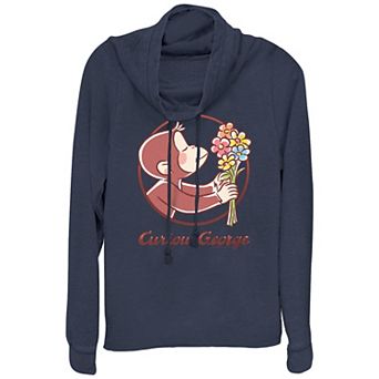 Women's Curious George Smelling Flowers Plus Cowlneck Graphic Lightweight Long Sleeve