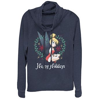 Disney's Tinker Bell Women's Plus Happy Holidays Heart Wreath Cowlneck Graphic Lightweight Long Sleeve