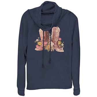 Women's Plus Cowgirl Boots And Flowers Cowlneck Graphic Lightweight Long Sleeve