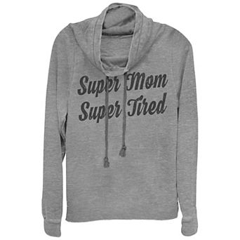 Women's Plus Super Mom Super Tired Cowlneck Graphic Lightweight Long Sleeve