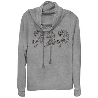 Plus Three Tigers Roaring Cowlneck Graphic Lightweight Long Sleeve