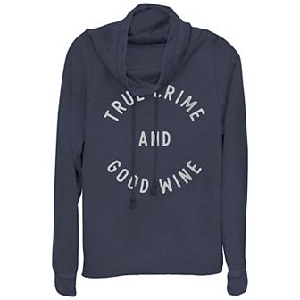 Women's Plus True Crime And Good Wine Cowlneck Graphic Lightweight Long Sleeve