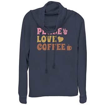 Women's Plus Peace Love And Coffee Cowlneck Graphic Lightweight Long Sleeve