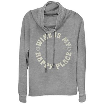 Women's Plus Wine Is My Happy Place Cowlneck Graphic Lightweight Long Sleeve