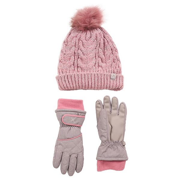 Girls 4-16 ZeroXposur Faux Fur Ski Gloves and Beanie Set - Gray (M-L)