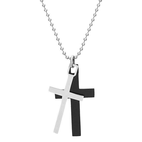 1913 Stainless Steel Two Tone Double Cross Pendant Necklace