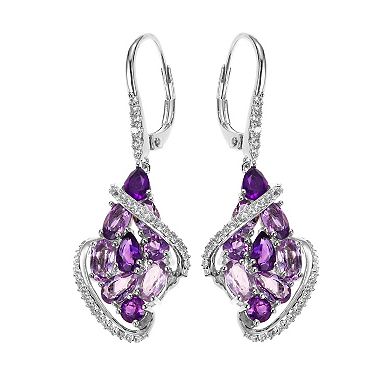 Classic Treasures Sterling Silver Amethyst & Lab-Created White Sapphire Cluster Floral Earrings