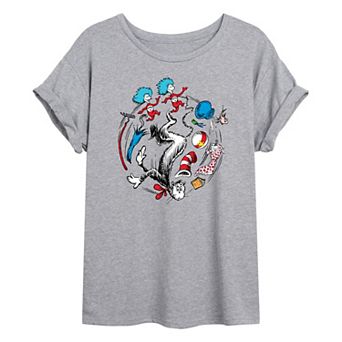 Juniors' Dr. Seuss Cat In The Hat Mess Oversized Tee