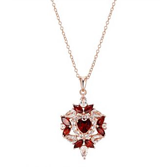 Classic Treasures 14k Rose Gold Over Silver Garnet & White Topaz Heart Cluster Pendant Necklace