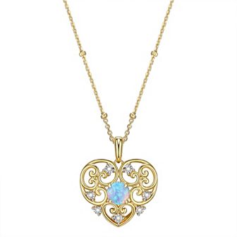 Classic Treasures 18k Gold Over Silver Lab Created Blue Opal & Diamond Accent Filigree Heart Pendant