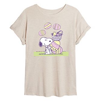 Juniors' Peanuts Snoopy & Woodstock Easter Eggs Oversized Tee