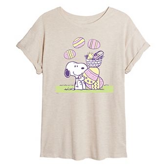Juniors' Peanuts Snoopy & Woodstock Easter Eggs Oversized Tee