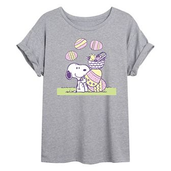 Juniors' Peanuts Snoopy & Woodstock Easter Eggs Oversized Tee