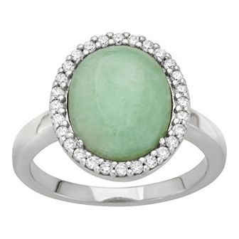 Dynasty Jade Sterling Silver Jade Cabochon & Cubic Zirconia Halo Ring