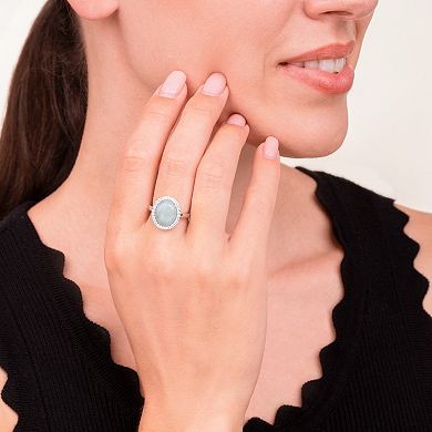Sterling Silver Jade Cabochon & Cubic Zirconia Halo Ring