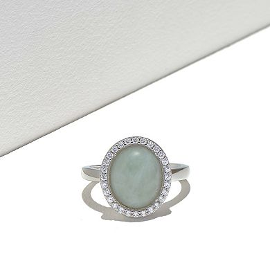 Sterling Silver Jade Cabochon & Cubic Zirconia Halo Ring