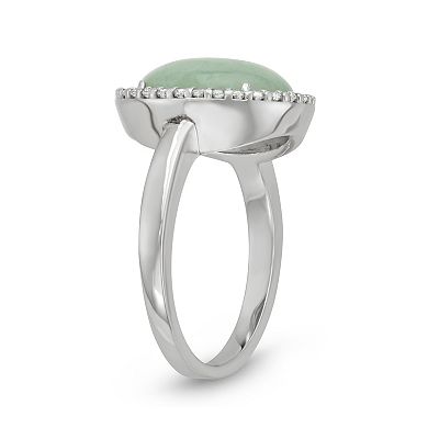 Sterling Silver Jade Cabochon & Cubic Zirconia Halo Ring