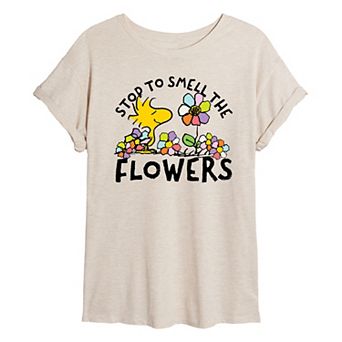 Juniors' Peanuts Woodstock Stop Smell The Flowers Oversized Tee