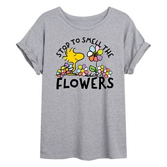 Juniors' Peanuts Woodstock Stop Smell The Flowers Oversized Tee