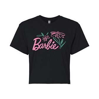 Juniors' Barbie Brushed Flowers Cropped Tee