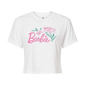 Juniors' Barbie Brushed Flowers Cropped Tee