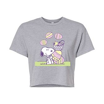 Juniors' Peanuts Snoopy & Woodstock Easter Eggs Cropped Tee