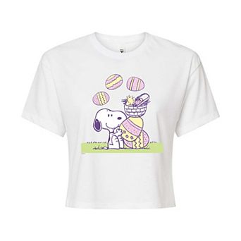 Juniors' Peanuts Snoopy & Woodstock Easter Eggs Cropped Tee