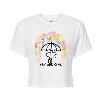Juniors' Peanuts Woodstock Rainbow Umbrella Cropped Tee