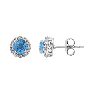 Renaissance Collection Sterling Silver Blue & White Crystal Halo Stud Earrings