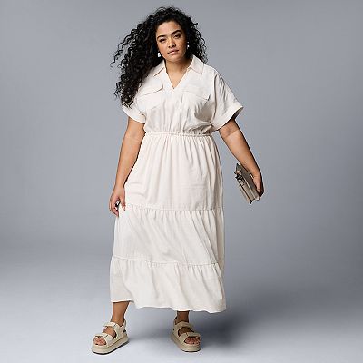 knee length dresses for ladies Blue Plus Size Denim Maxi Shirt Dress with Collar & Side Split main image 1