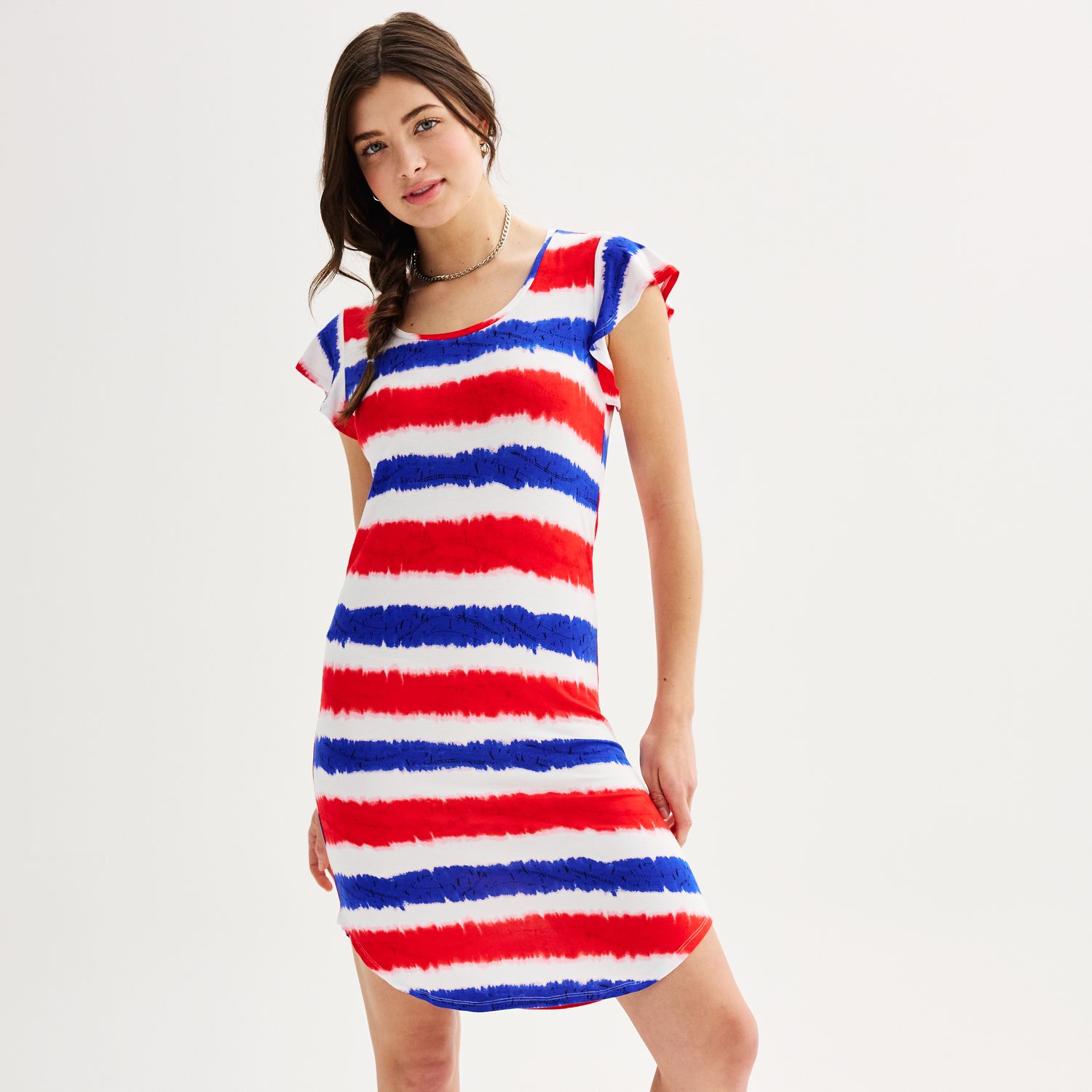 Juniors' Freshman 1996 Tie Dye Stripe Americana Mini T-Shirt Dress