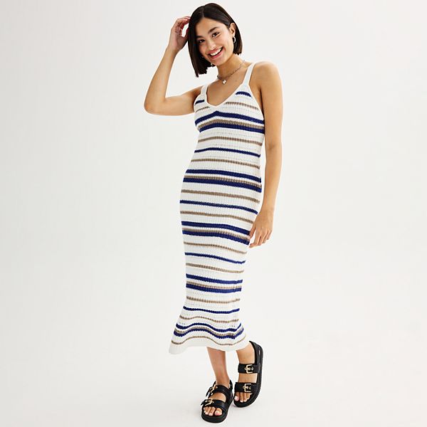 Juniors' Freshman 1996 Sleeveless Striped Crochet V-Neck Midi Dress